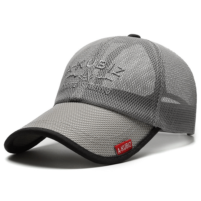 Stylish gray breathable mesh golf snapback hat with quick-dry design and letter pattern, perfect for sun protection and outdoor adventures.